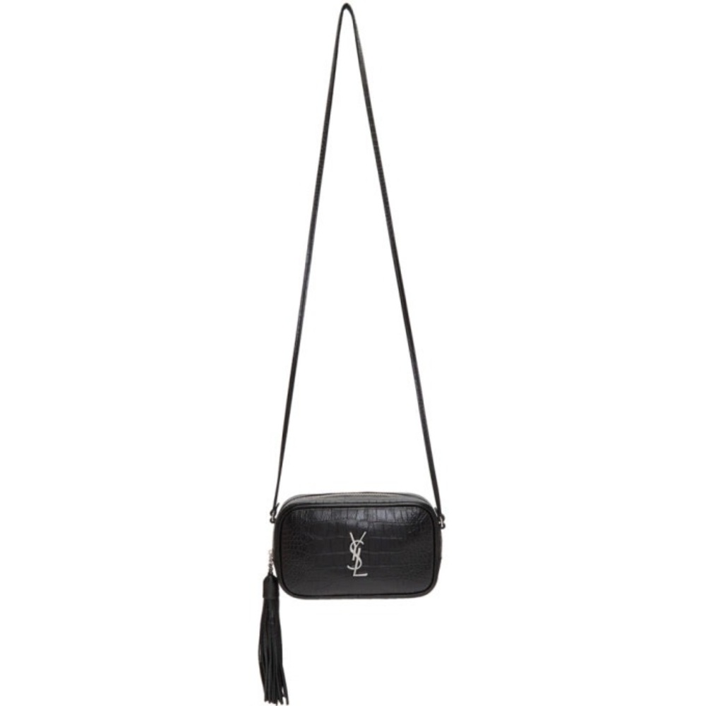 SAINT LAURENT BLACK MINI CROC CAMERA BAG